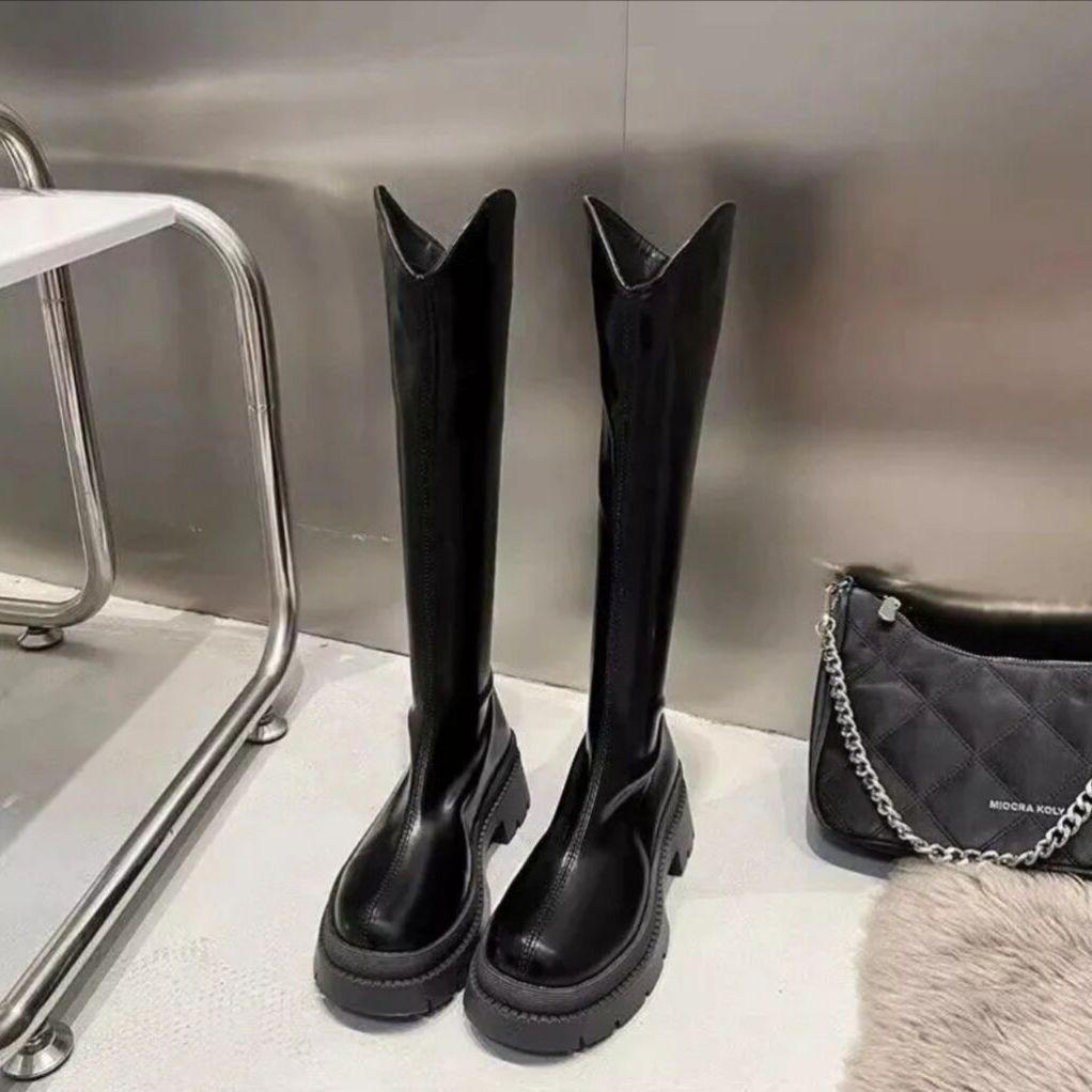 

Rear Zipper Women s Knee-High Boots V Mouth Slimming Knight Boots White Black Velvet Round Toe Mid Heel Rubber Sole Women Shoes 35 чорний