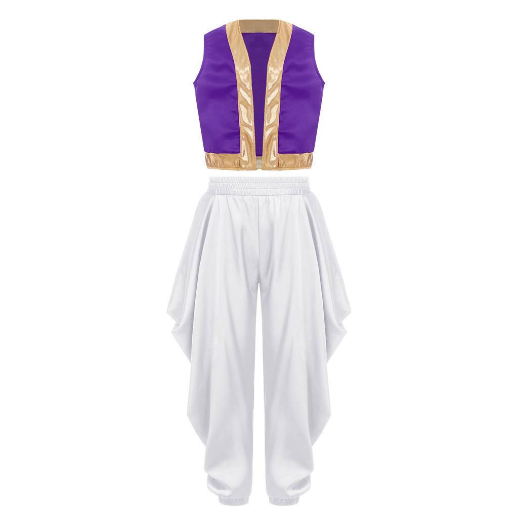 Kids Arabian Cosplay Costume Set Loose Vest Satin Dhoti Pants Elastic Waistband Baggy Trousers Halloween Dress Up Outfit