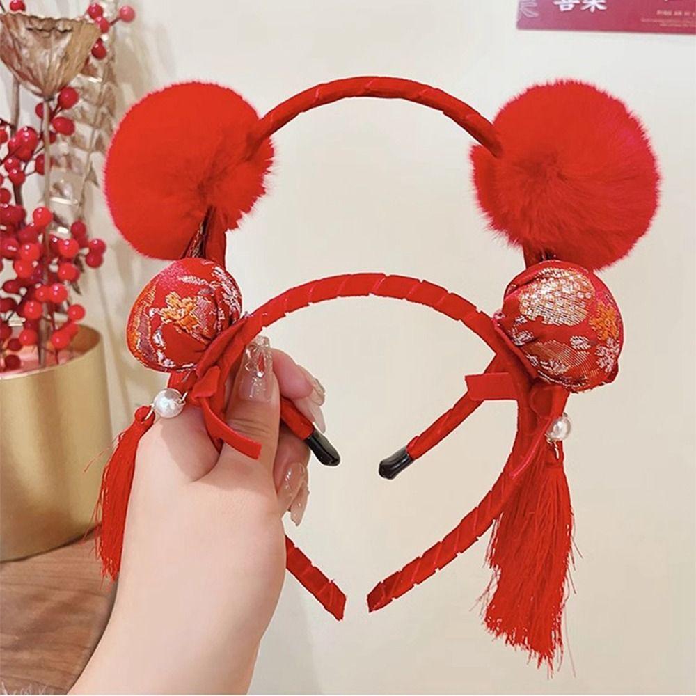 Rotes Haarband Neujahr Haarband Quaste Haarbällchen Rote Schleife Stirnband Blume Neujahr Haarschmuck Chinesischer Stil Kopfschmuck Mädchen