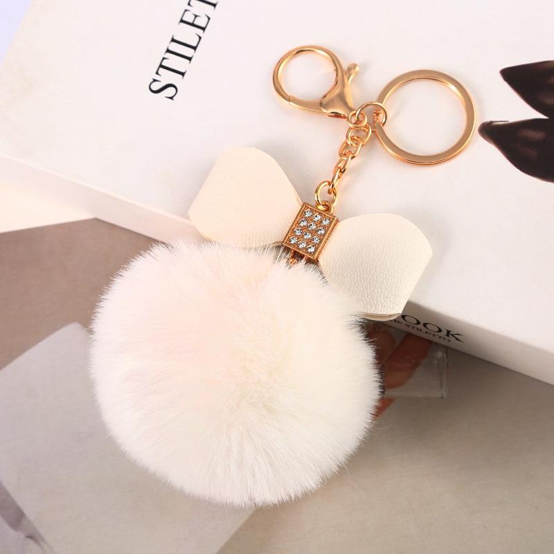 Faux Fur Pom Pom Keychain Women Girls Plush Ball Bag Backpack Pendant Creative Rhinestone Pu Leather Bow Car Keyring GiftS