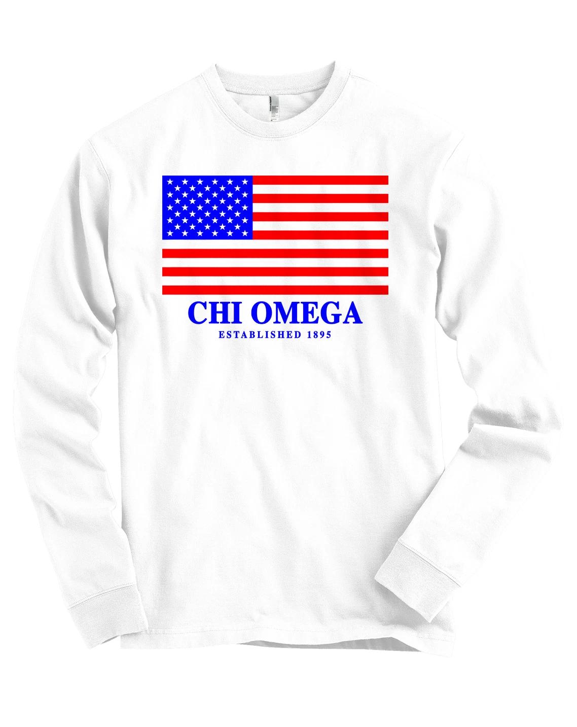 

Chi Omega USA Flag Bella + Canvas Long Sleeve T Shirt NEW 3XL