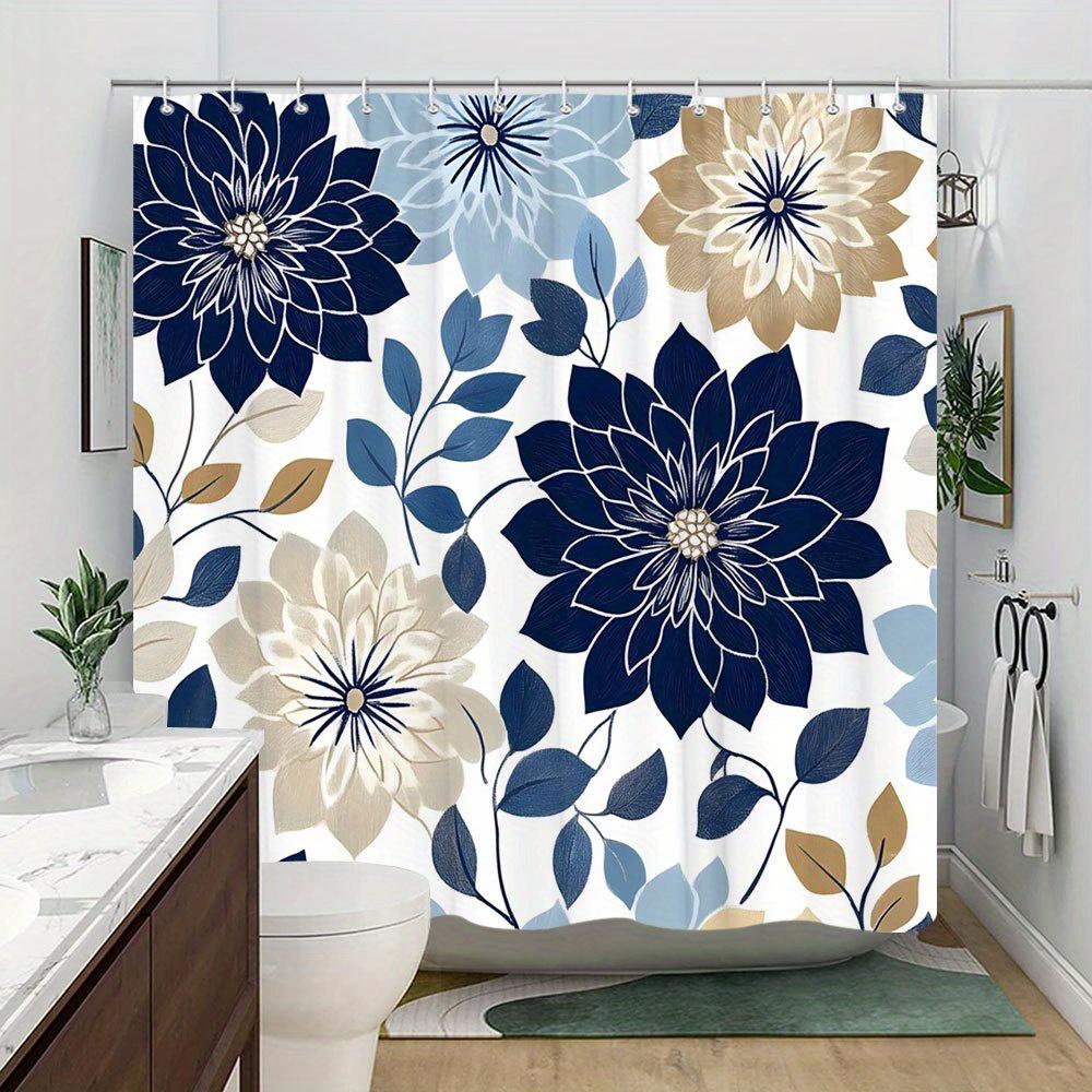 Elegant Navy Blue Floral Shower Curtain - Modern Symmetrical Design, 70x70