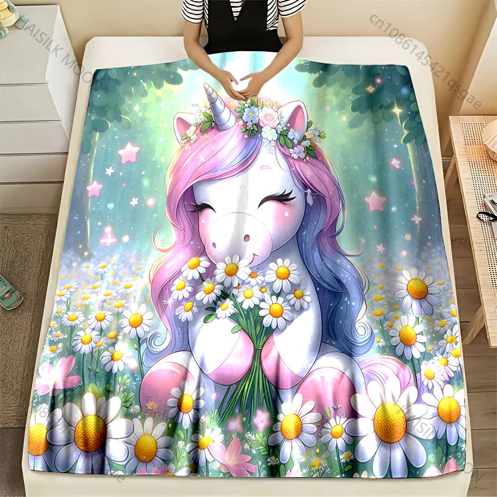 Cartoon Unicorns and Daisies Print Blanket Warm Soft Luxury Gifts for Children Adults Suitable for Home Sofa Bed Travel RV