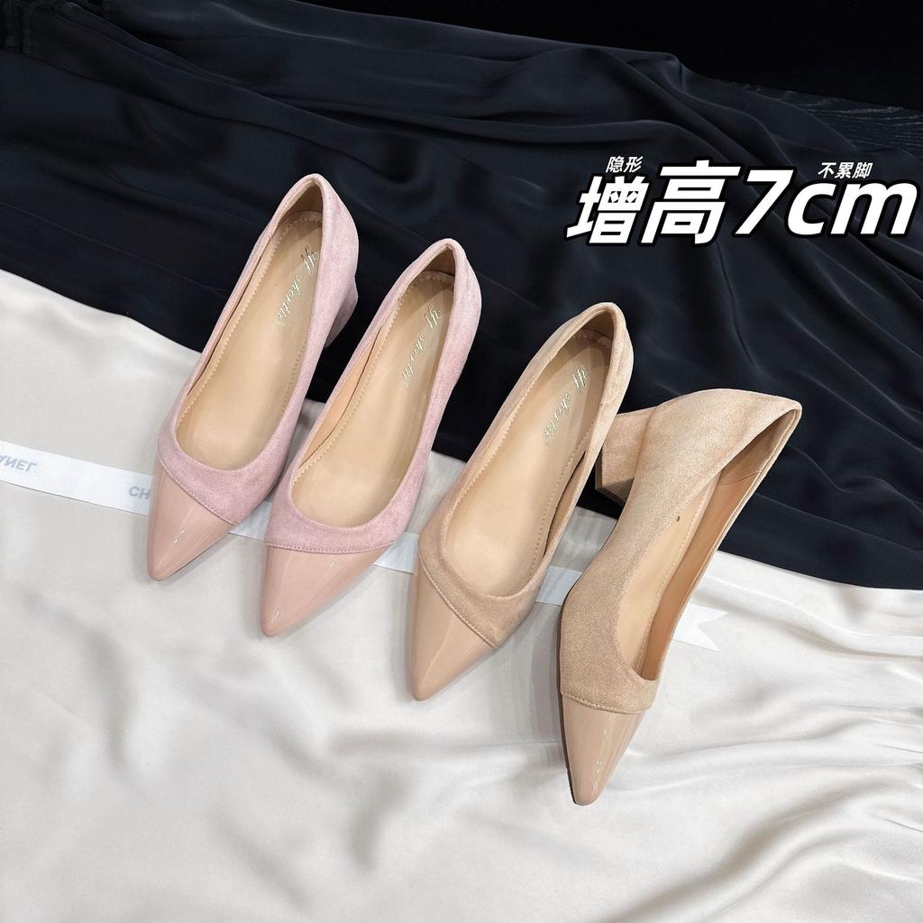 Splicing Tip Height Increase 7cm Thick Heel Single Shoes Women 2025 Early Autumn New Fairy Wind Is Not Tired Feet Shallow Mouth High Heels