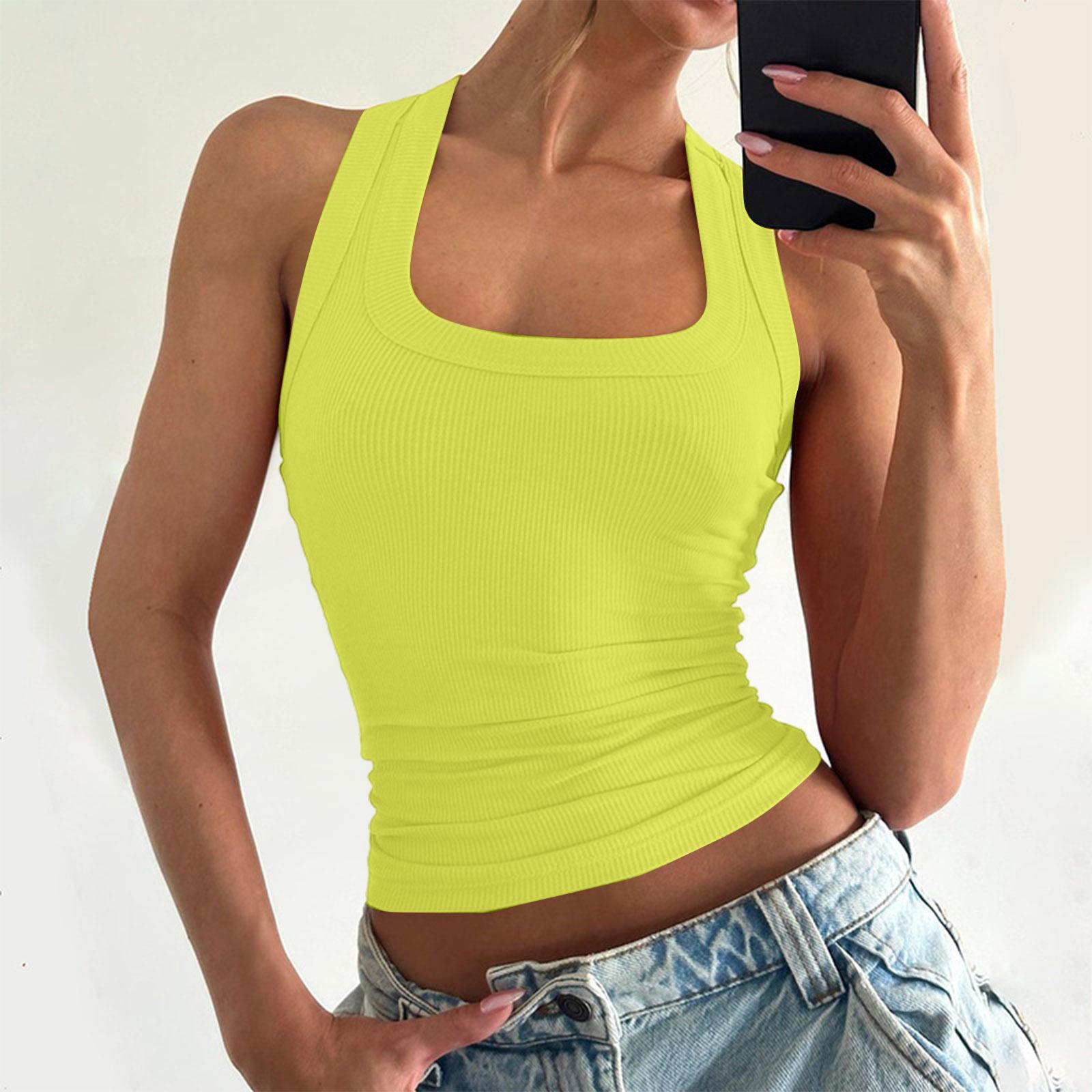 

Women s Casual U Neck Solid Color Tank Top Sleeveless Slim Fit Stretchy Basic Undershirt Summer Layering Shirt L жёлтый