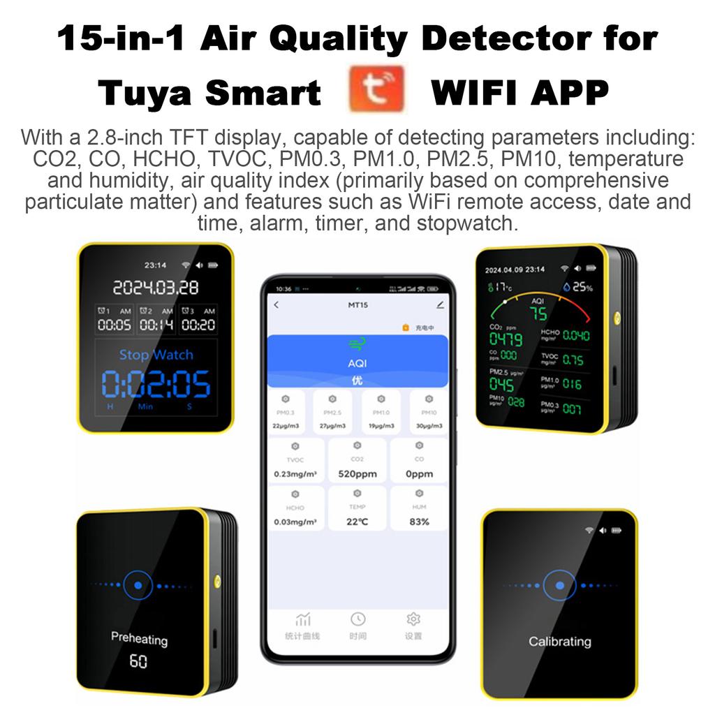 Luftqualitätsmonitor, 15-in-1 WLAN-Luftdetektor mit Farb-LCD-Bildschirm, passend für Tuya Smart, erkennt PM0.3 PM1.0 PM2.5 PM10