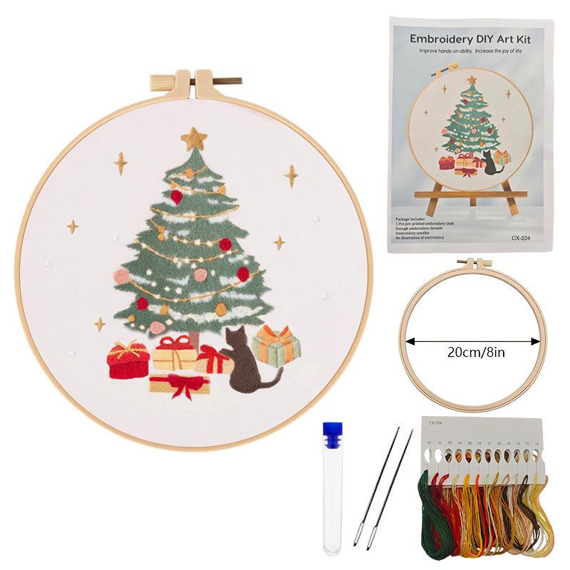

1 набор Рождественский набор для вышивания Рождественская елка Кот Набор для вышивания Английский стежок DIY Вышивка Ручной работы Набор из ткани 20cm