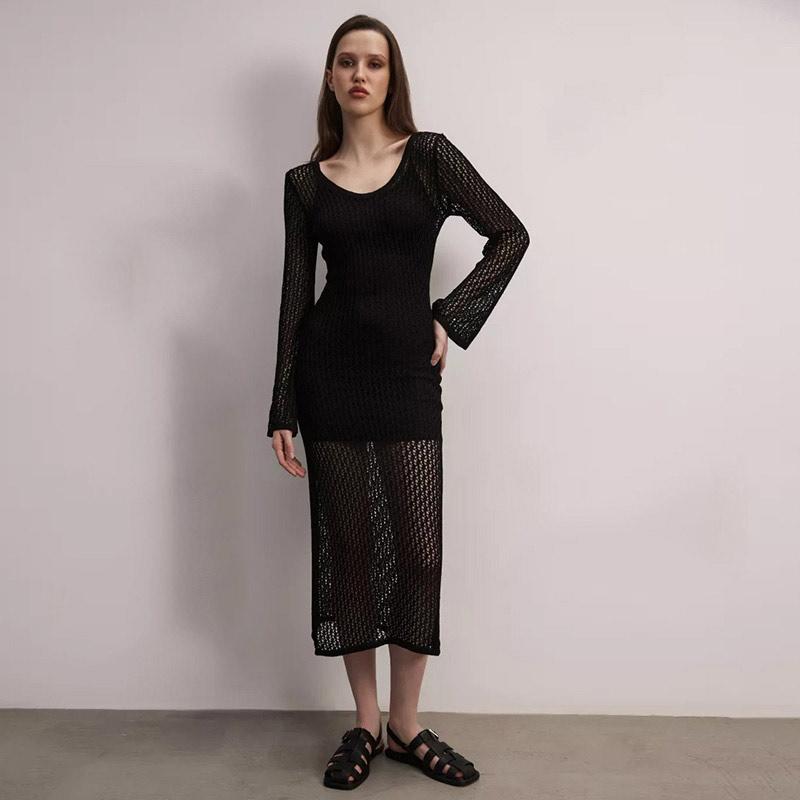 Knitted Hollow Out Beach Dresses Women Sexy Solid O-neck Long Sleeve Oversize Dress Spring Summer Lady Sunscreen Vestidos