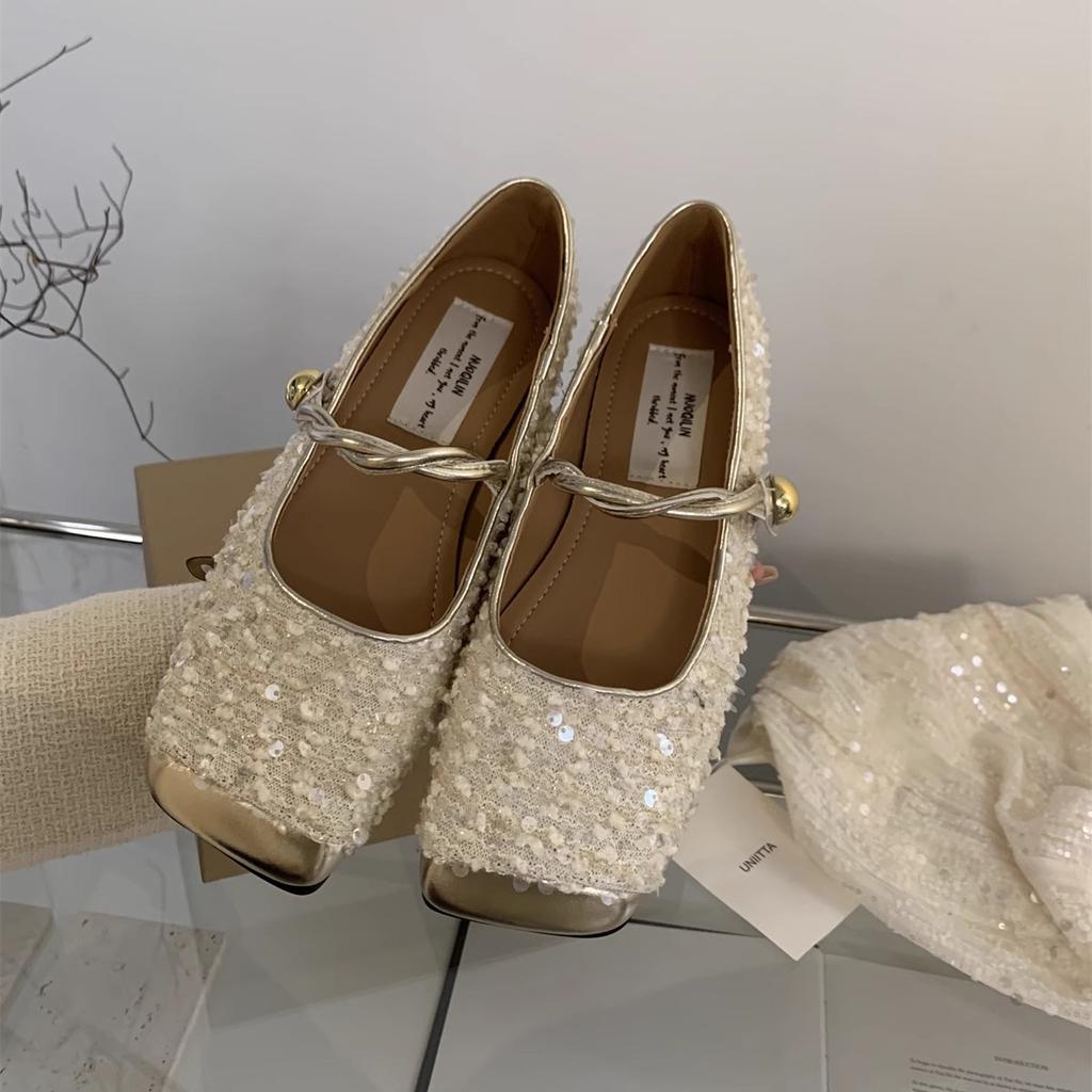 Sequined Gold Bag Head Half Slippers Women's Spring and Autumn Temperament Mary Jane Single Shoes Women's Shoes