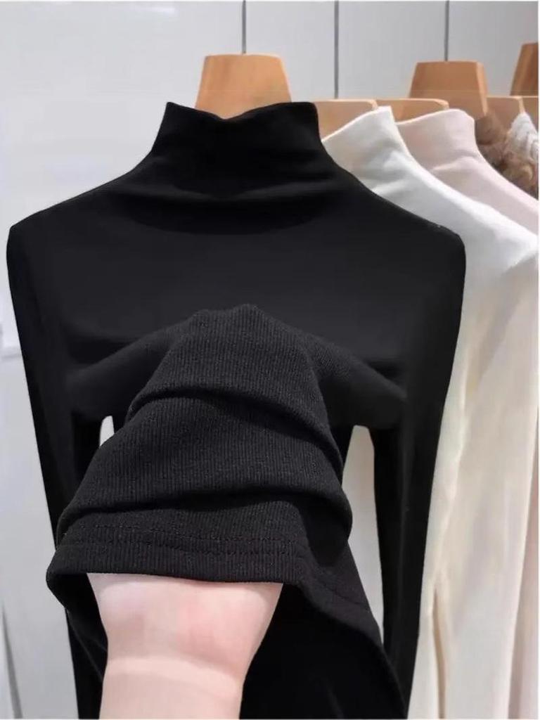 Damen Geripptes Langarm Rollkragen Schlankmachendes Basisschicht-Top