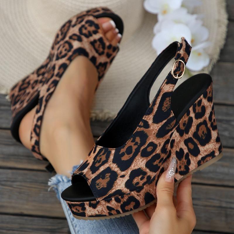 Women'S Stylish Black & Brown Leopard Print Platform Sandals - Comfortable Open-Toe Slip-On with Thick Rubber Sole, Faux Cover Lining, All-Season