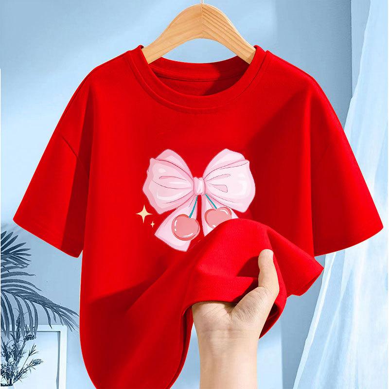 Girls Short Sleeve Tshirt Bow Print Summer Fashion HalfSleeved Top Polyester Fabric