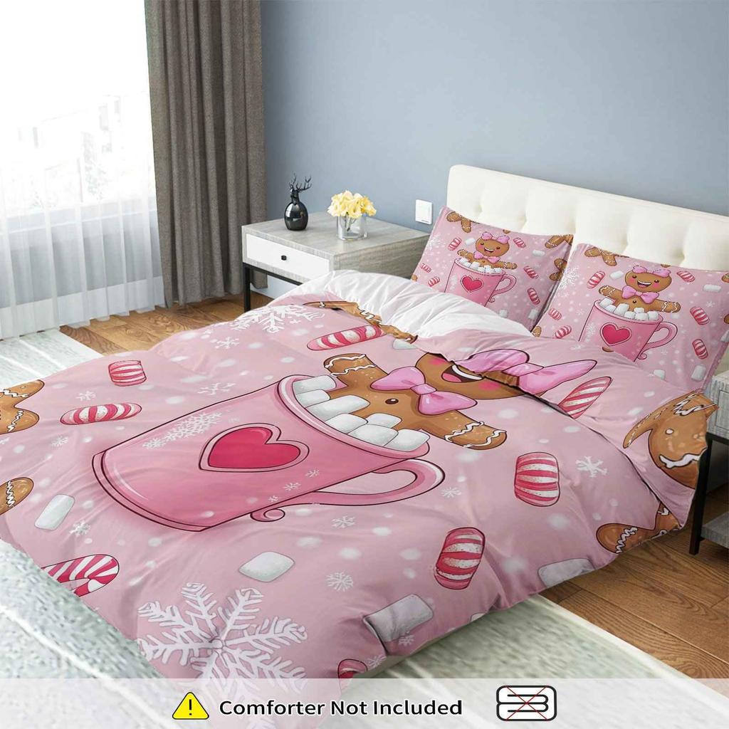 Gingerbread Pink Cplusy Heart Snowflake Christmas Theme for Living Rom Bedrom Hotel Home Decor Festive Holiday Beding Set