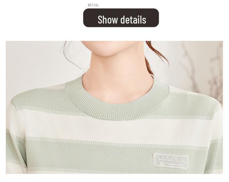 Mother's Day Ice Silk Striped Knit Top: Women's Summer Short-Sleeve Loose Slimming Fashion Wear.