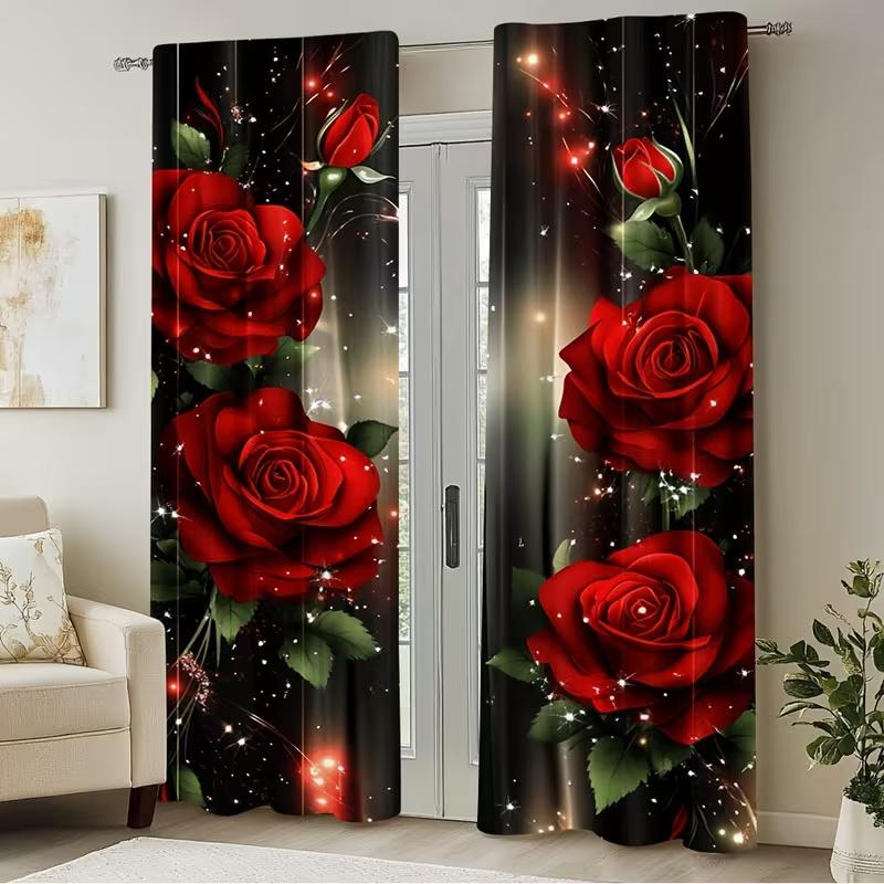 2 Pcs Diamond Rose Print Curtains,suitable for Bedroom,living Room Kitchen Decoration,home Decoration,window Decoration