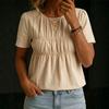 Women's Casual Short Sleeve T-Shirt Round Neck Solid Color Gathered Waist Relaxed Fit Lightweight Top for Everyday Wear