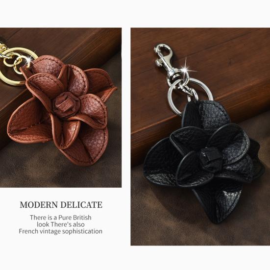 Schlüsselanhänger Anhänger Handgenäht Kunstleder Kamelienblüte Design Schlüsselkette mit Metall Karabinerhaken Leichtes Tasche Anhänger Zubehör