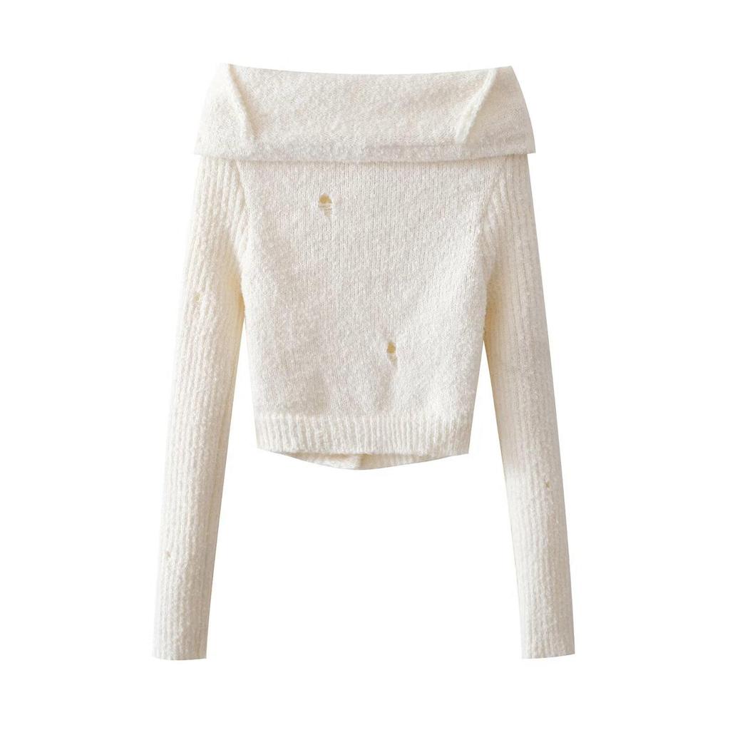 2025 Spring Women's One-Shoulder Long-Sleeve Ripped Knitted Sweater