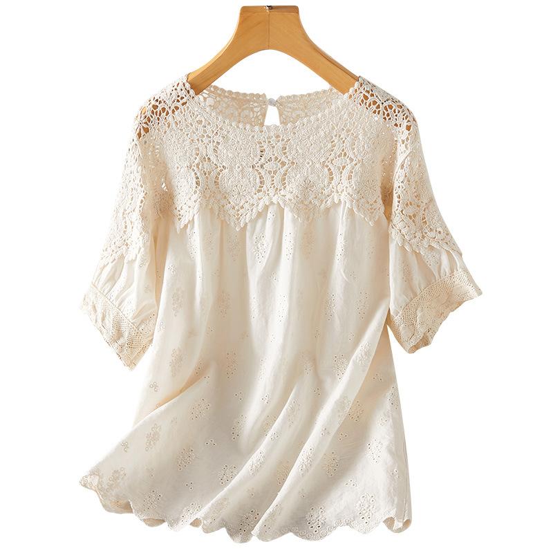 Lace Hollow Top Summer Lotus Leaf Collar Cotton Embroidered Shirt Short Sleeve Shirt