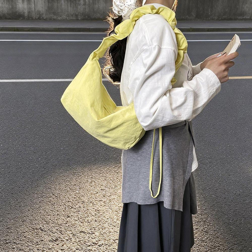 Solid Color Nylon Crossbody Bag Korean Style Canvas Dumpling Bag Pleated Shoulder Bag Streetwear