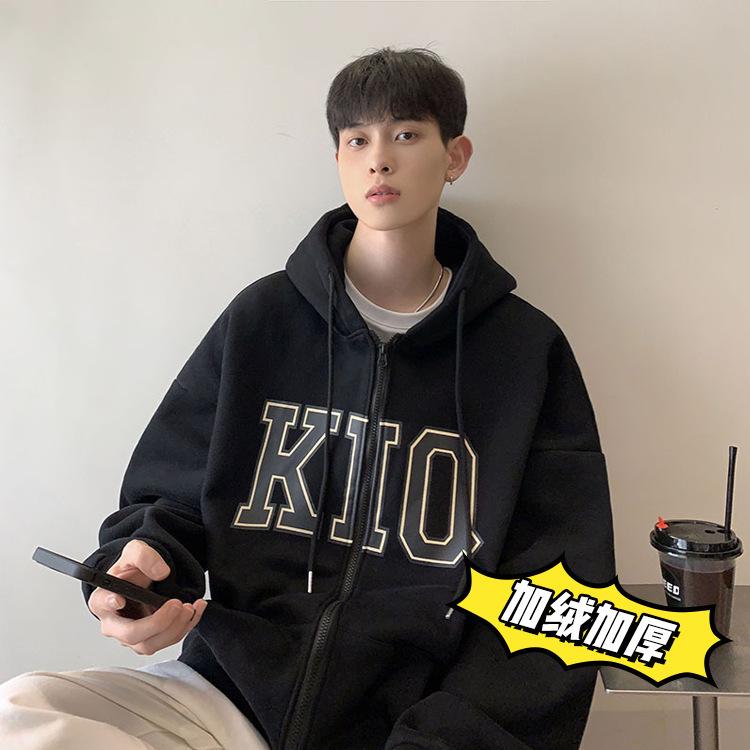 

Men s Retro Hip Hop Velvet-Lined Thick Hooded Sweatshirt - European & American Style Loose Fit Cardigan. M чорний