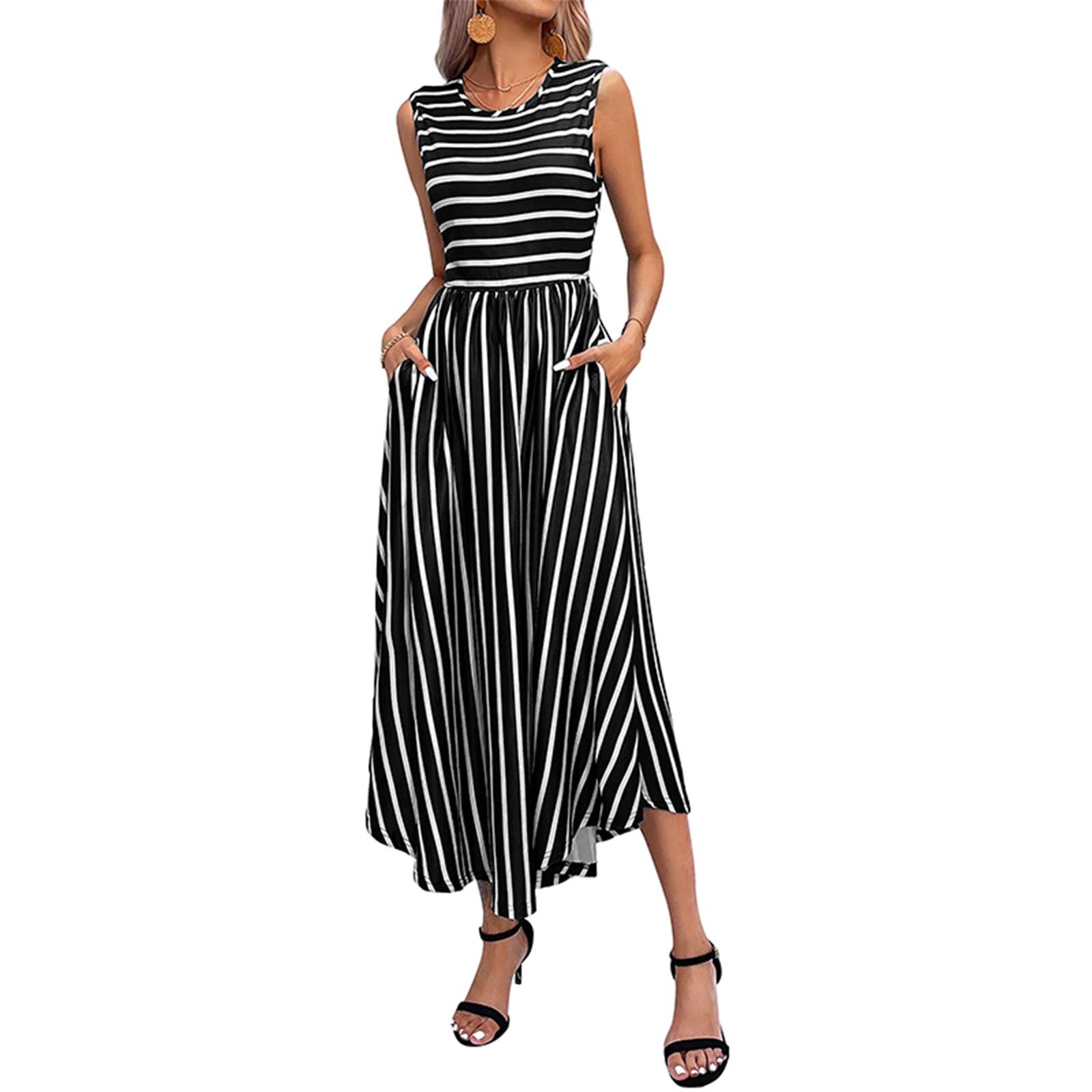 

Women s Dress Casual Round Neck Striped Sleeveless Dress L чорний