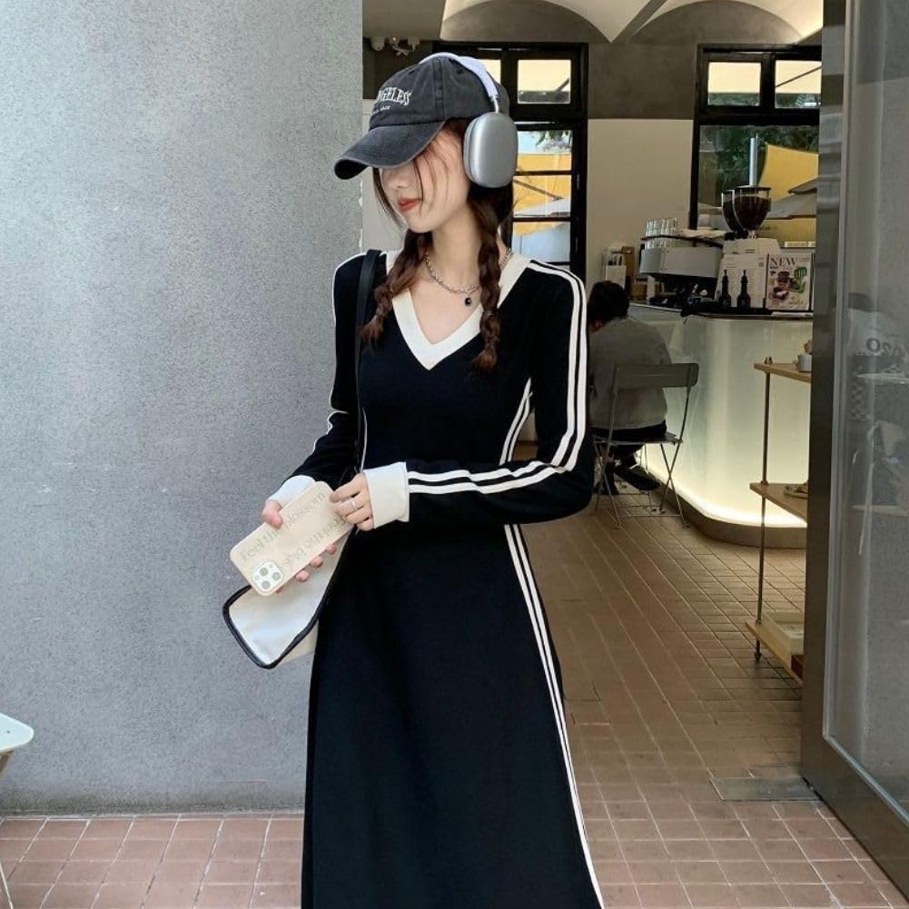ALVEIN Long Soft Side Korean Plus Long Long Elegant Flattering Women's Dress, Lines, Stripes, Style, Casual, Sizes, Length, Sleeves, Tunic, (L)