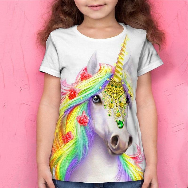 Mädchen T-Shirt mit 3D-Tier Einhorn Kurzarm 3D-Druck Sommer Frühling Aktiv Mode Niedlich Kinder 3-12 Jahre Outdoor Täglich Normale Passform