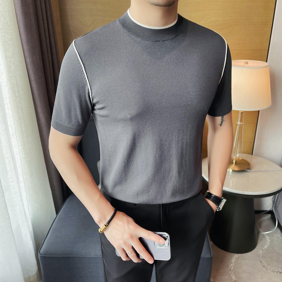 

Летние мужские трикотажные футболки корейские элегантные с круглым вырезом и коротким рукавом мужские футболки облегающие повседневные пуловеры футболки Homme Plus Size 4XL серый