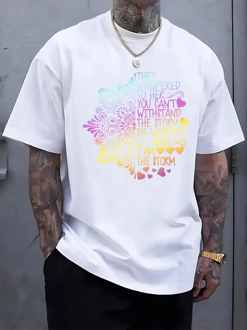 Round Neck Short Sleeve T-shirt with Colorful Motivational Prints L