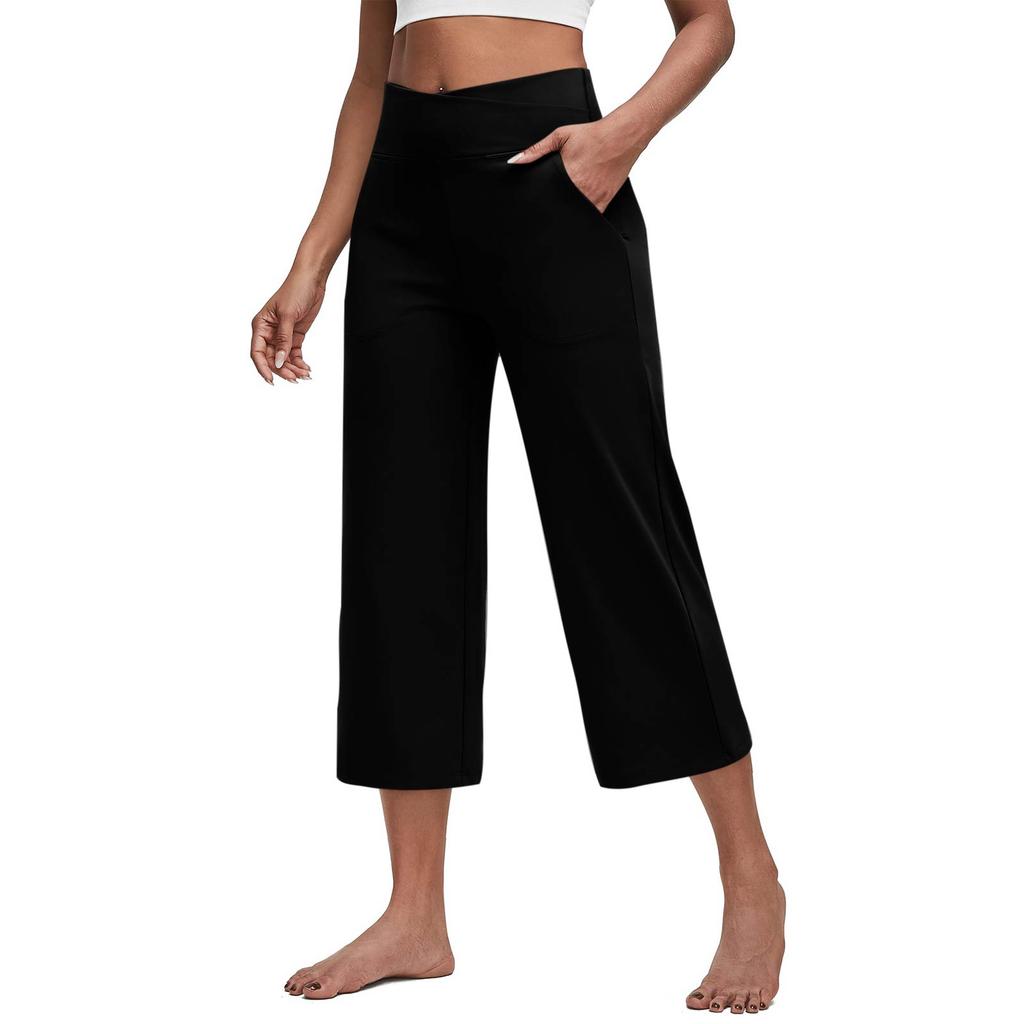Women Elastic High Waist Casual Fit Wide Capris Leg Pants Yoga Leggings Soft Gym With Pockets