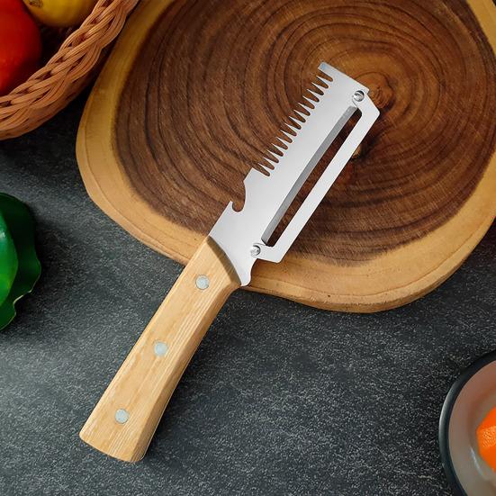 Vegetable Peeler with Wooden Handle 3-in-1 Fruit Peeler Scallion Shredder And Bottle Opener Efficient Kitchen Tool
