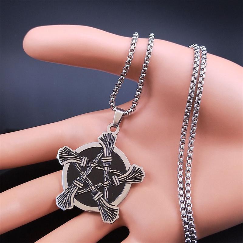 Witchcraft Pentagram Witch Broom Necklace for Women/Men Stainless Steel Wicca Star Necklaces Jewelry Corrente Masculina N3379S02