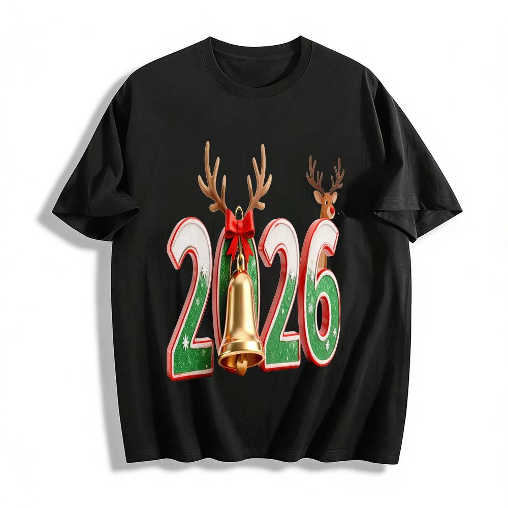 2026 Christmas Reindeer Bell Print Festive Casual Top Pure cotton T-shirt XXS