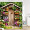 1pc Rustic Wooden Shed Shower Curtain with Colorful Flower Pots - Lush Pink, Purple, Red Flowers & Green Forest Background