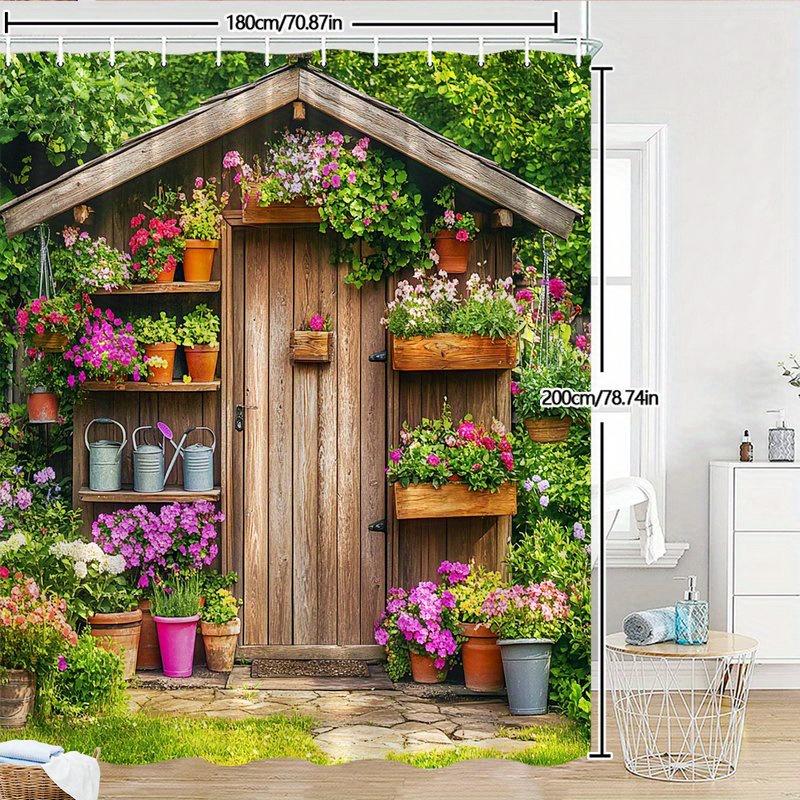 1pc Rustic Wooden Shed Shower Curtain with Colorful Flower Pots - Lush Pink, Purple, Red Flowers & Green Forest Background