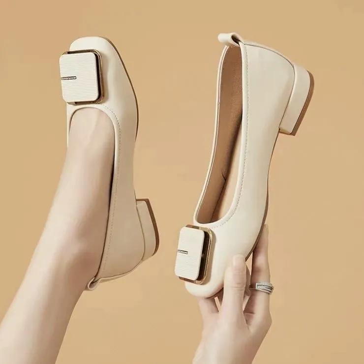 

zapatos de mujer women fashion round toe high quality beige spring & summer square heel shoes lady casual elegant pumps ga627 35
