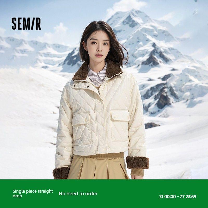 

Senma Outwear Female Diamond Lattice Imitation Lamb Wool Stand Collar Retro 2024 New Arrival Winter Cotton Padded Jacket White Brown 00315 150/76A/XS