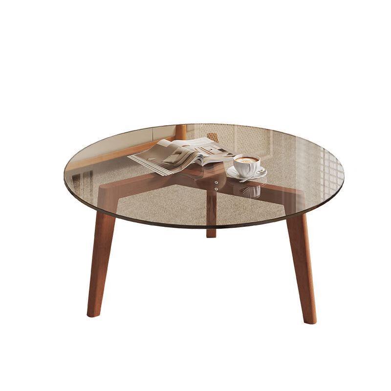 Round Glass Coffee Table with Solid Wood Legs