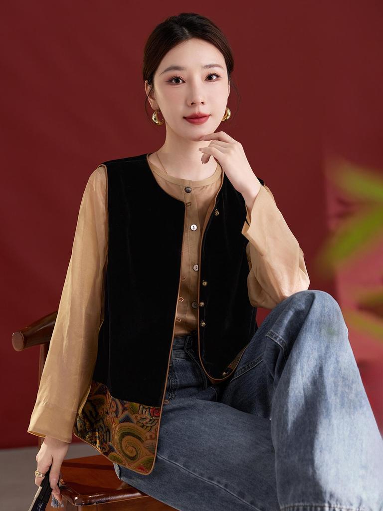 Xiangyunsha Women's Retro Silk Velvet Color Block Vest 1737