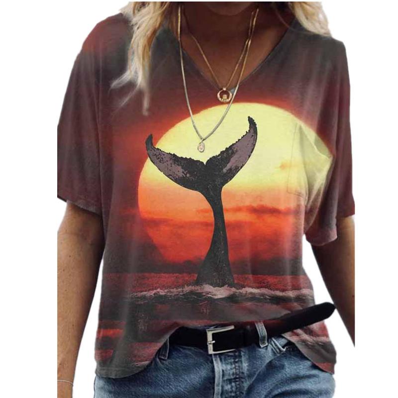 Loose V-neck Short Sleeved Summer Youth Women's 3D Printed T-shirt