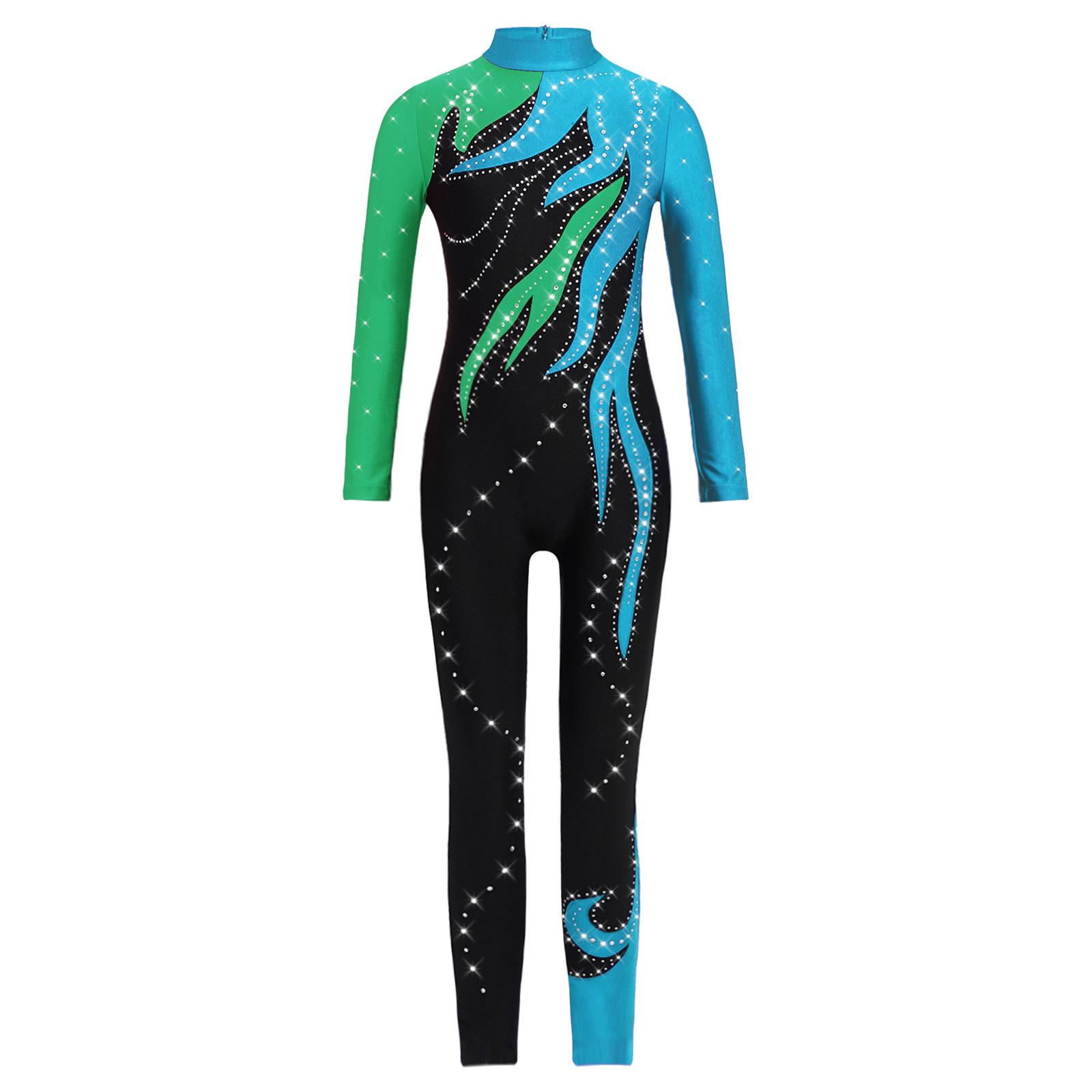 

Дівчачий кольоровий гімнастичний комбінезон з імітацією горловини, довгим рукавом, блискучими стразами, боді, леотард на все тіло 11-12 Years світло-синій колір/зелений