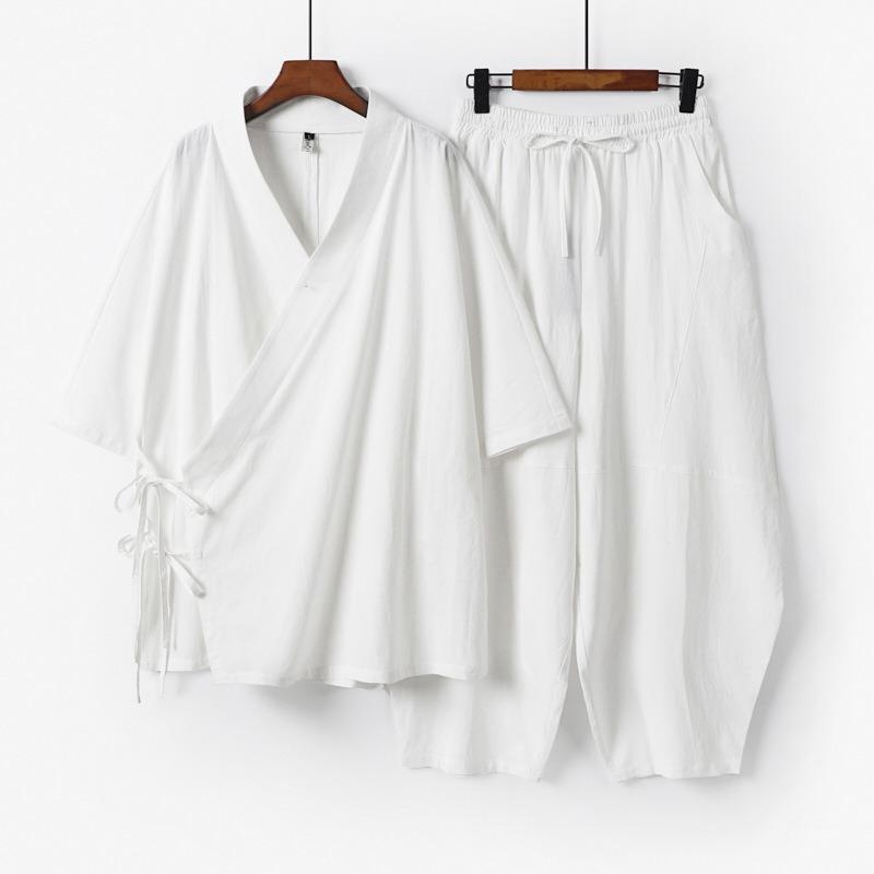 Men Japanese Kimono Cardigan Pants Set Linen Yukata Haori Samurai Costume Harajuku Loose Jacket Suit