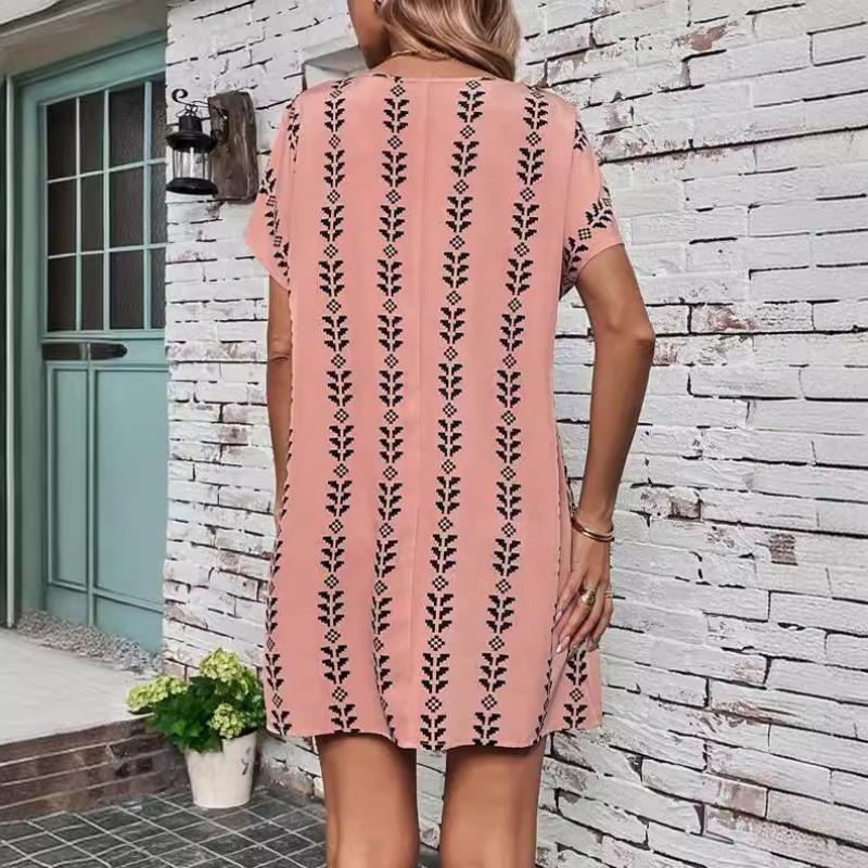 Women's Spring and Summer New Holiday Leisure Fashion Printing Bat Sleeve Round Neck Loose Dresses