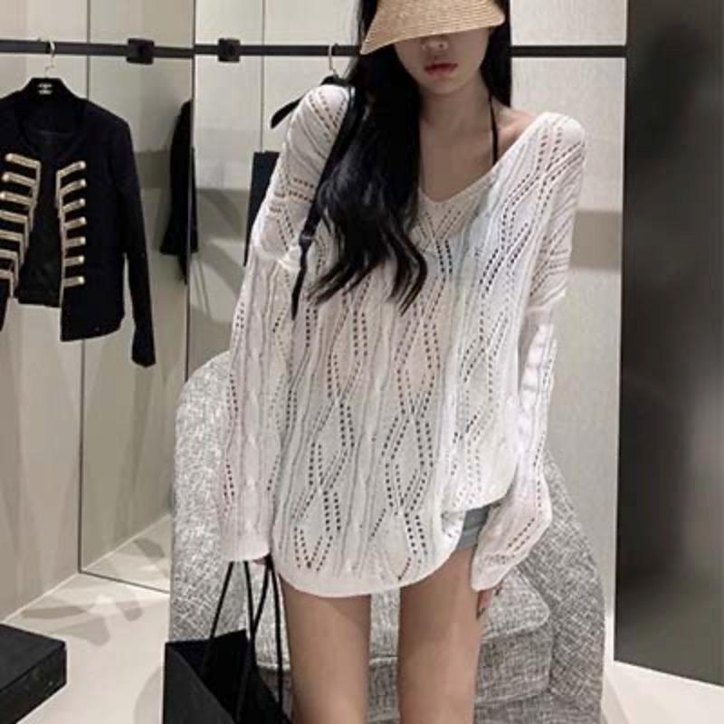 

Летняя новая трикотажная повседневная рубашка с длинным рукавом и солнцезащитным кремом, женская мода, топы с V-образным вырезом, сексуальные блузки с открытой спиной, женские облегающие рубашки со шнуровкой 26592 One Size белый