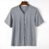 Men Button Down T-shirt Solid Color V-Neck Short Sleeve Tee Shirt Summer