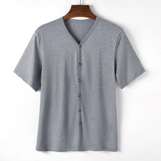 Men Button Down T-shirt Solid Color V-Neck Short Sleeve Tee Shirt Summer