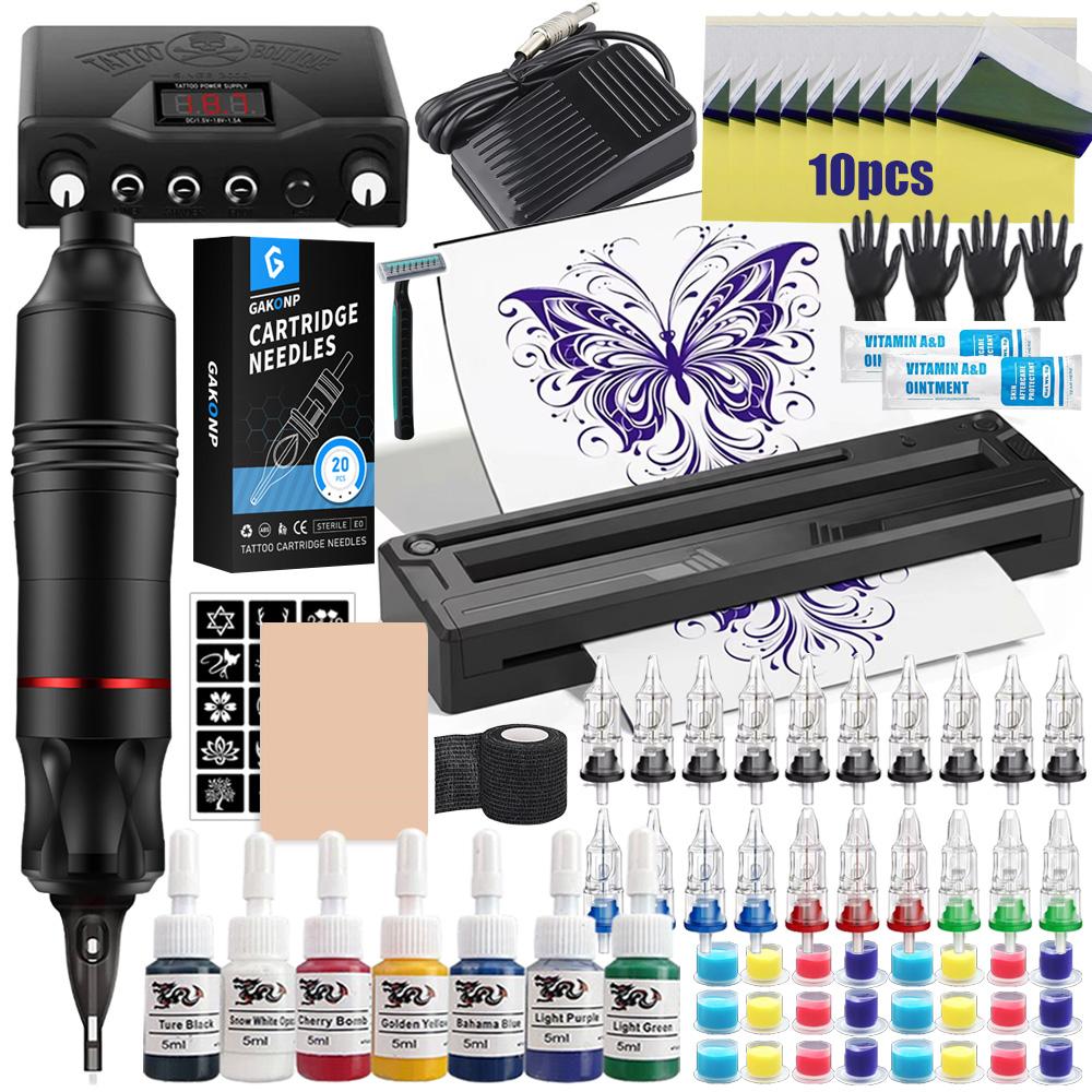 Complete Tattoo Machine Kit Set Tattoo Pen Kit with Wireless Tattoo Transfer Machine Cartridge Tattoo Needles Tattoo Kits