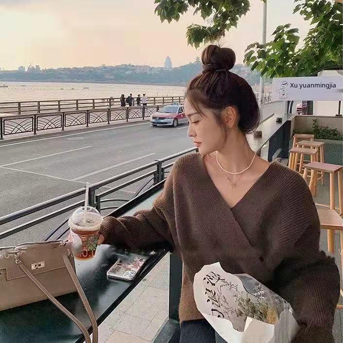 Koreanischer schicker Vintage-Strickpullover mit V-Ausschnitt und Fledermausärmeln für Damen