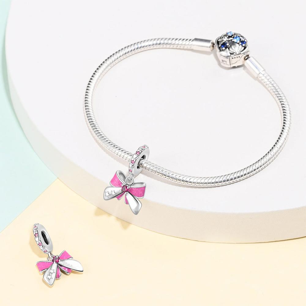 Lovely Copper Sparkling Pink Bow Charm Copper Diamond Heart Charm Fit Original Bracelet & Necklace Diy Jewelry
